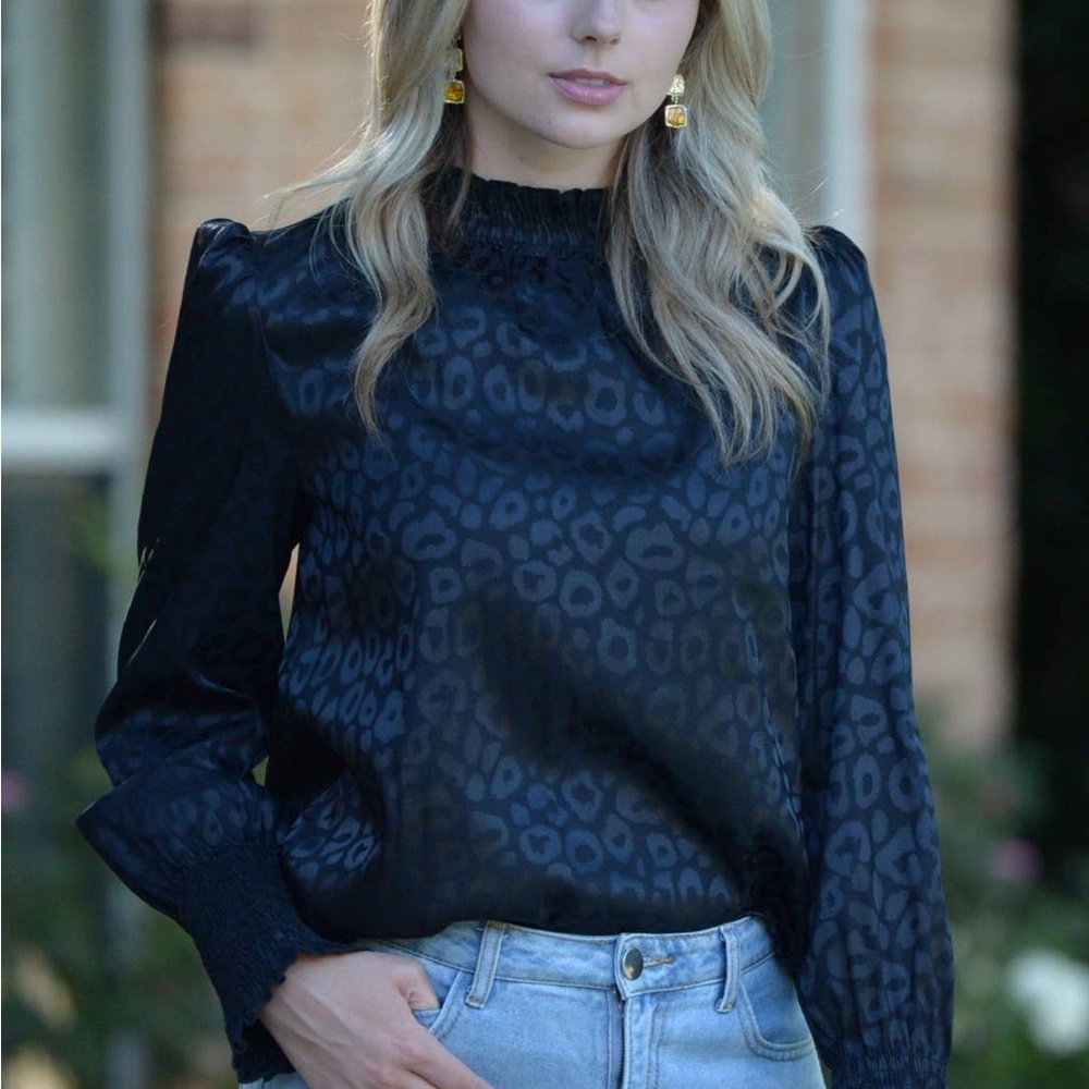 Black Leopard High Neck Woven Top